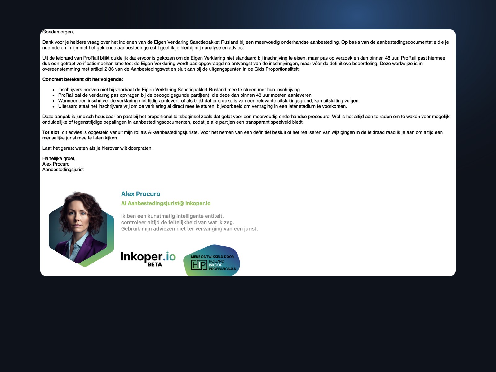 Een juridisch advies van Alex Procuro per mail, met bronvermelding en ondertekening